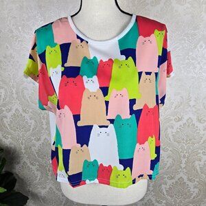 The Pink Size Med/Large Cat Graphic Front T-shirt Boxy Cut Cap Sleeve Round Neck